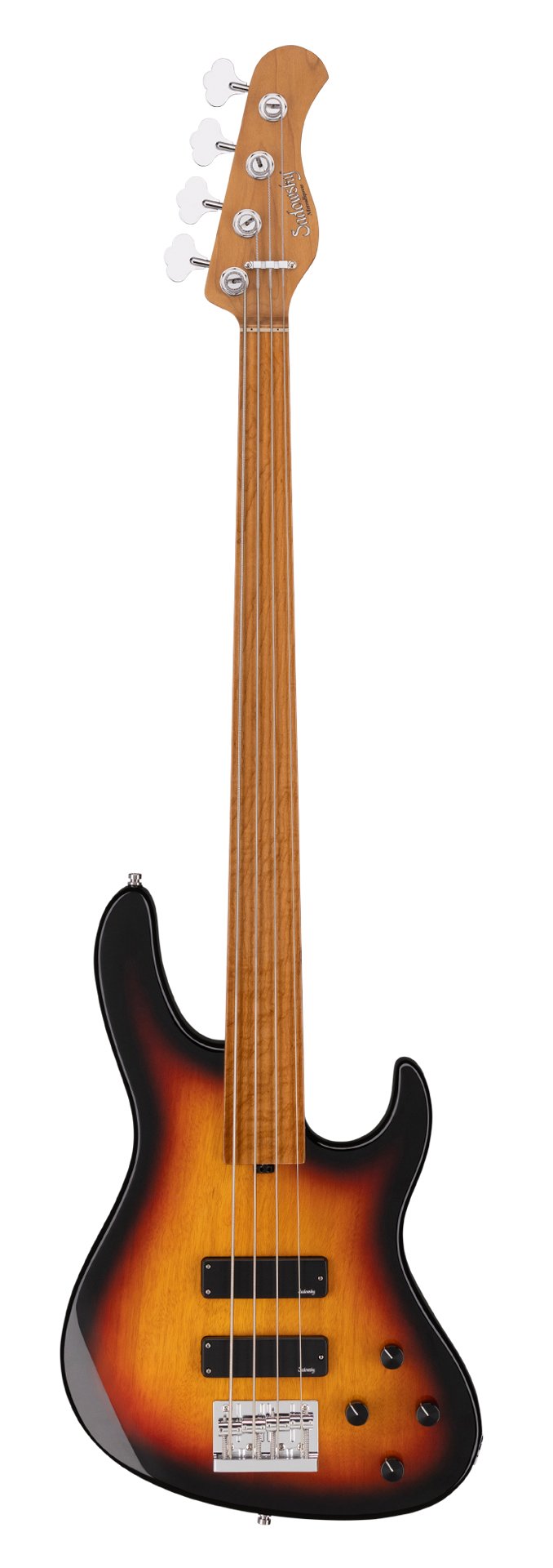MetroExpress 24-Fret Modern Bass, 4 Fretless - Tobacco Sunburst Transparent High Polish